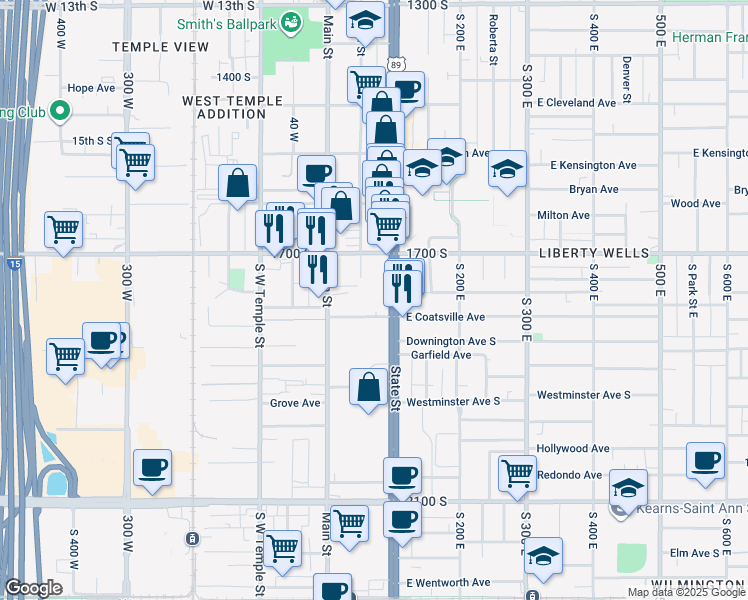 map of restaurants, bars, coffee shops, grocery stores, and more near 1735 South Main Street in Salt Lake City