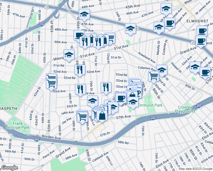 map of restaurants, bars, coffee shops, grocery stores, and more near 52-40 72nd Place in Queens