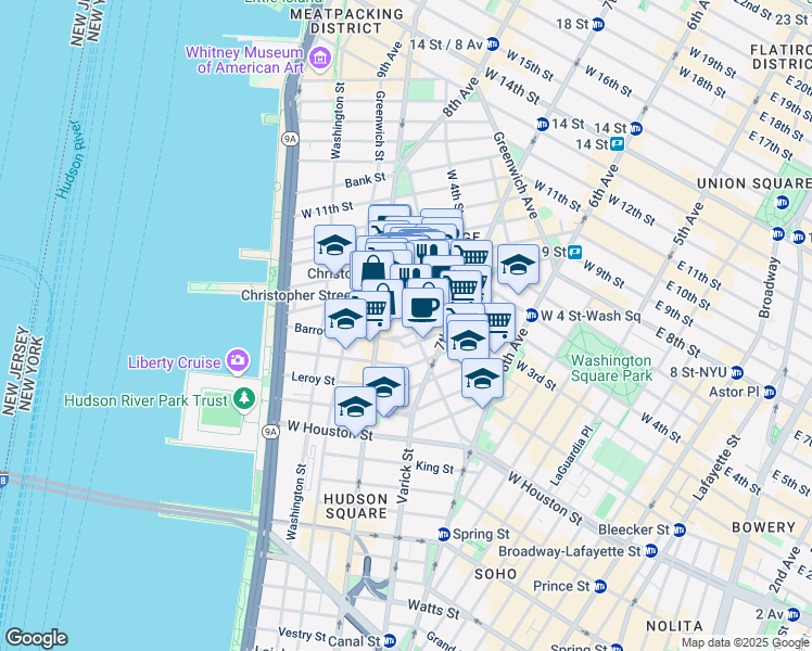 map of restaurants, bars, coffee shops, grocery stores, and more near 91 Bedford Street in New York