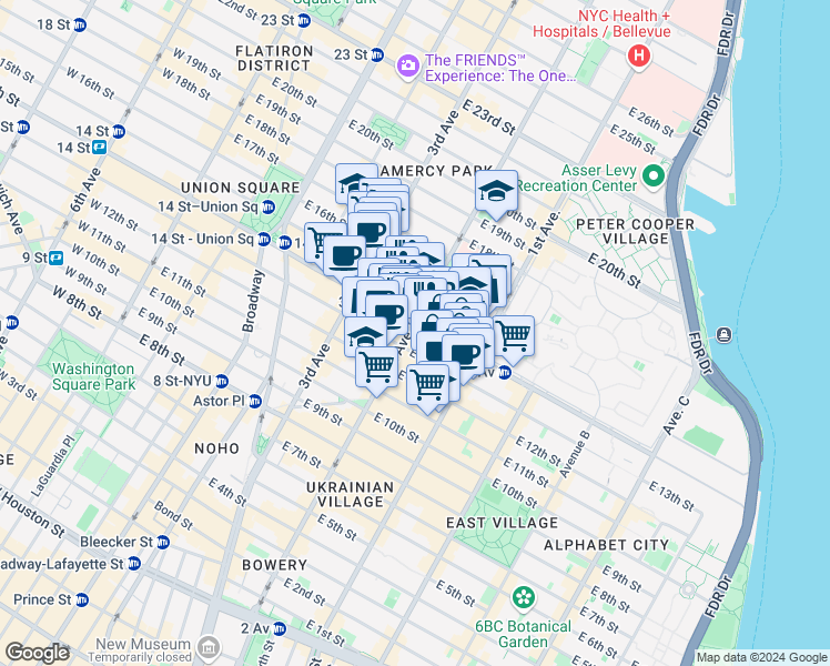map of restaurants, bars, coffee shops, grocery stores, and more near 228 2nd Avenue in New York