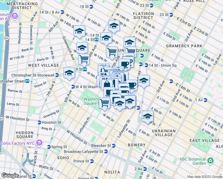 map of restaurants, bars, coffee shops, grocery stores, and more near 13 East 9th Street in New York