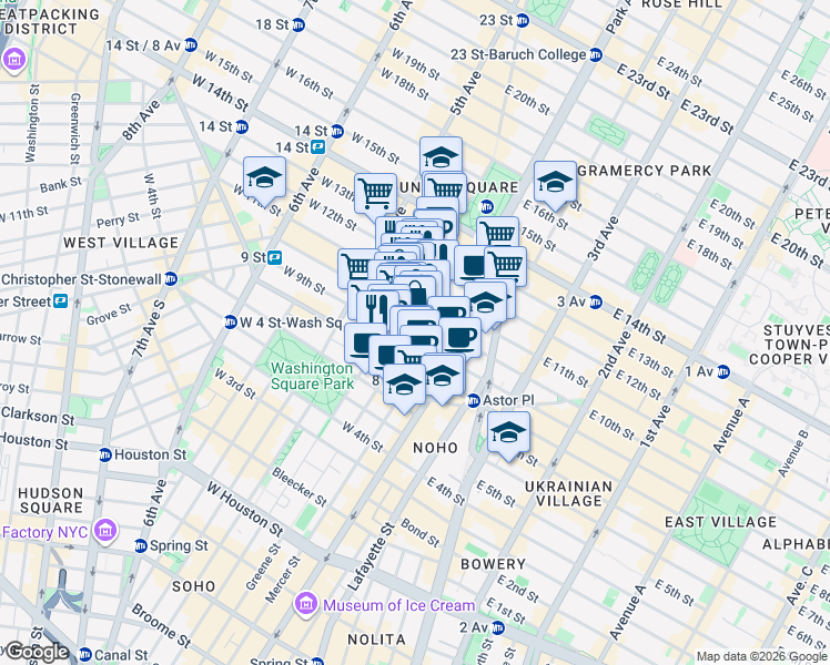 map of restaurants, bars, coffee shops, grocery stores, and more near 35 East 9th Street in New York