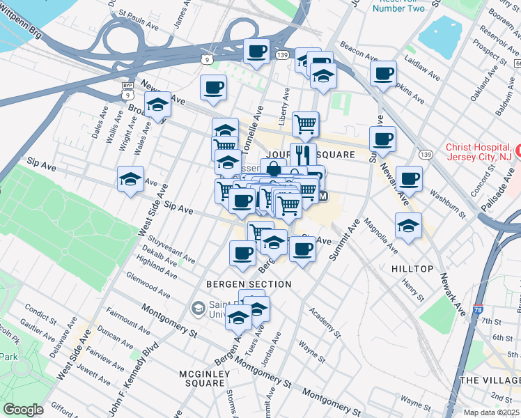map of restaurants, bars, coffee shops, grocery stores, and more near 282 Magnolia Avenue in Jersey City