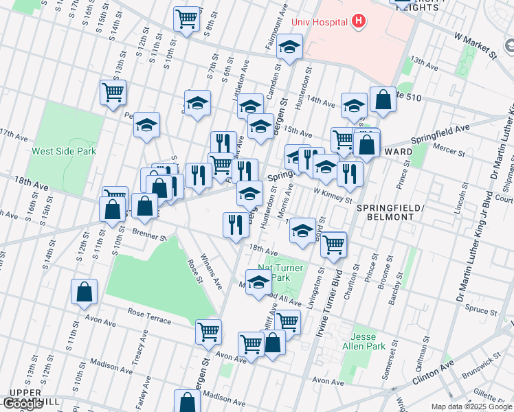 map of restaurants, bars, coffee shops, grocery stores, and more near 361-383 Springfield Avenue in Newark