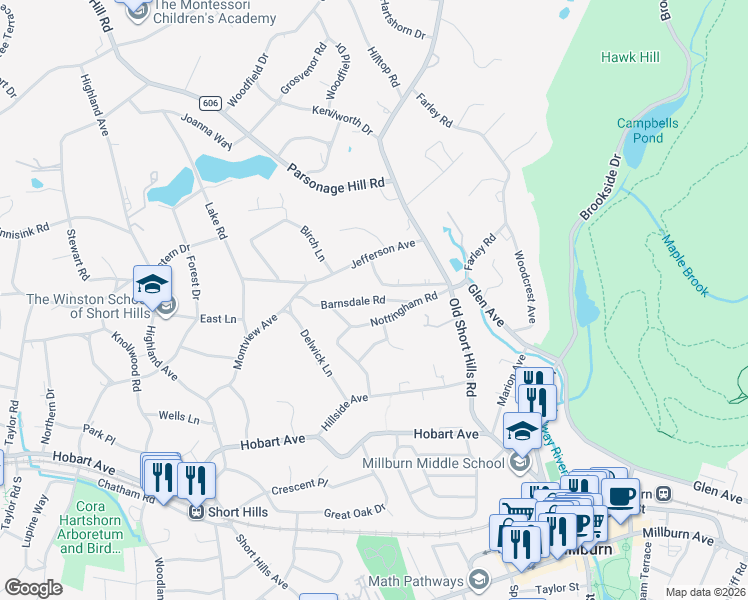 map of restaurants, bars, coffee shops, grocery stores, and more near 40 Washington Avenue in Millburn