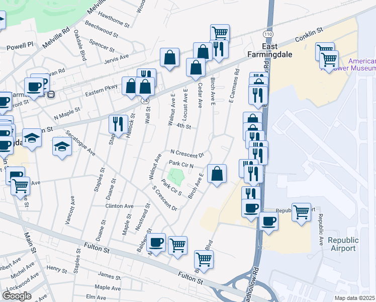 map of restaurants, bars, coffee shops, grocery stores, and more near 56 Cedar Avenue in Farmingdale