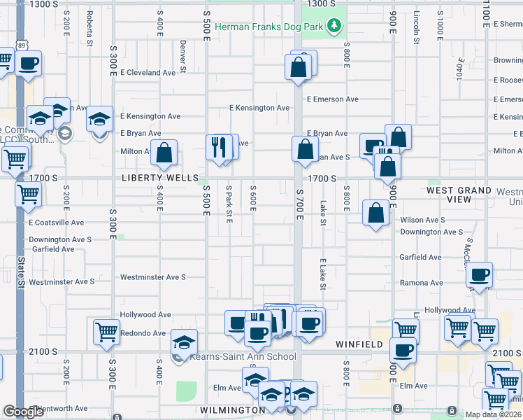 map of restaurants, bars, coffee shops, grocery stores, and more near 614 Wilson Avenue South in Salt Lake City