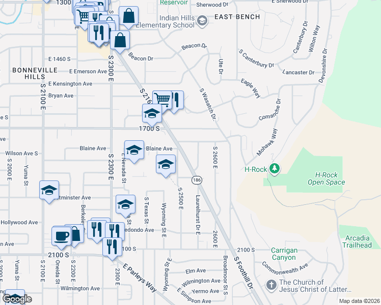 map of restaurants, bars, coffee shops, grocery stores, and more near 1769 Foothill Drive in Salt Lake City