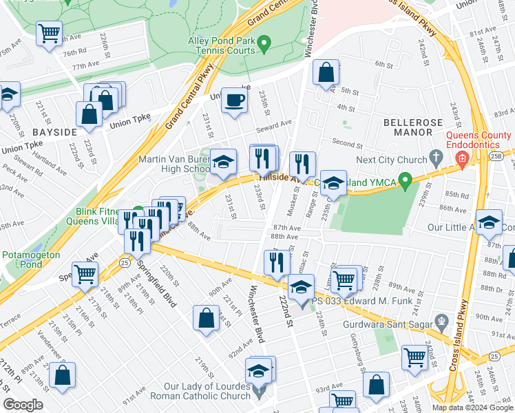 map of restaurants, bars, coffee shops, grocery stores, and more near 86-44 233rd Street in Queens