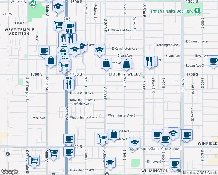 map of restaurants, bars, coffee shops, grocery stores, and more near 320 Wilson Avenue South in South Salt Lake