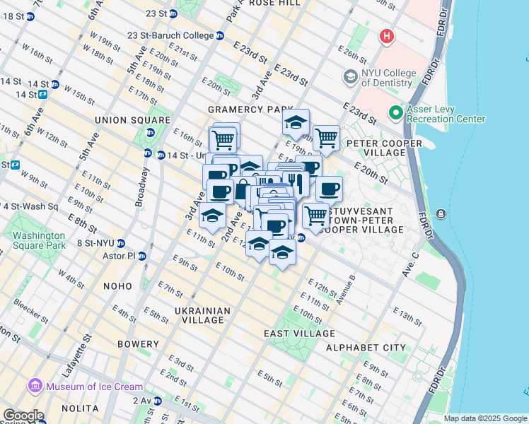 map of restaurants, bars, coffee shops, grocery stores, and more near 334 East 15th Street in New York