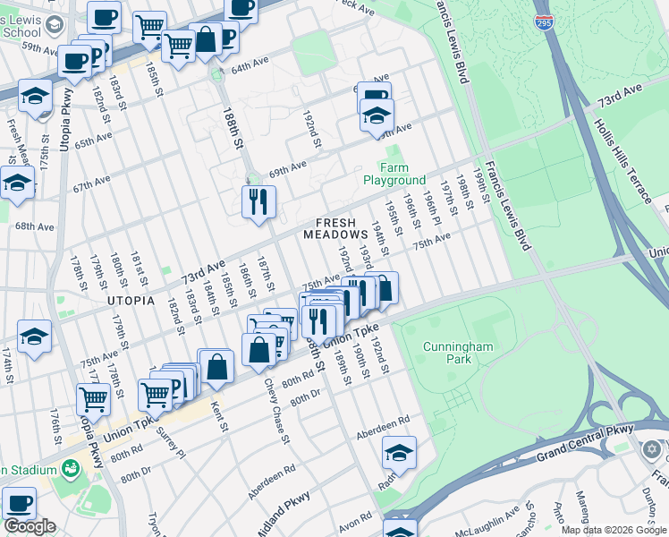 map of restaurants, bars, coffee shops, grocery stores, and more near 73-63 190th Street in Queens