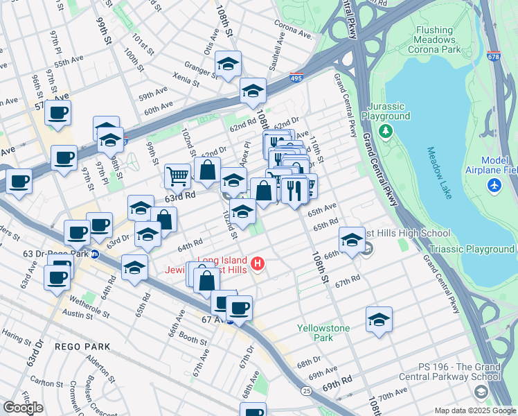 map of restaurants, bars, coffee shops, grocery stores, and more near 10525 64th Avenue in Queens