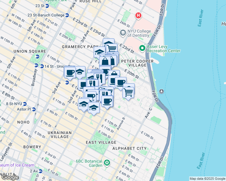 map of restaurants, bars, coffee shops, grocery stores, and more near 5 Stuyvesant Oval in New York