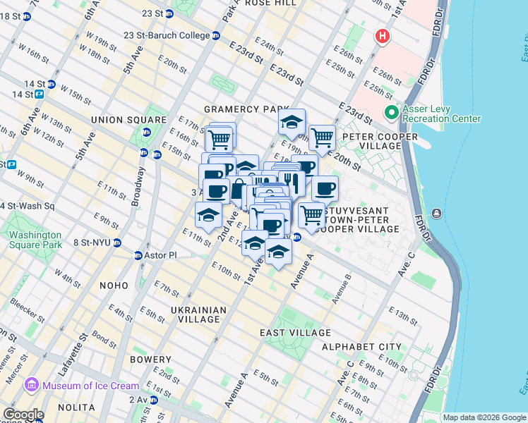 map of restaurants, bars, coffee shops, grocery stores, and more near 331 East 14th Street in New York