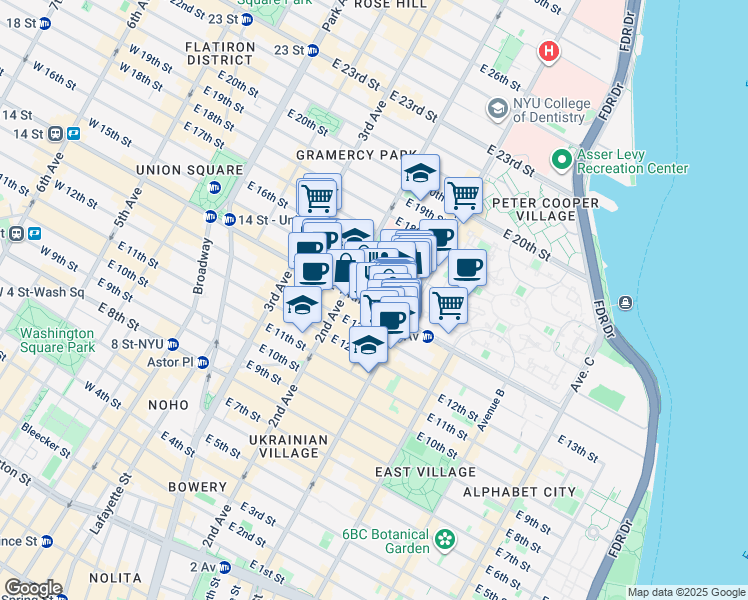 map of restaurants, bars, coffee shops, grocery stores, and more near 334 East 15th Street in New York