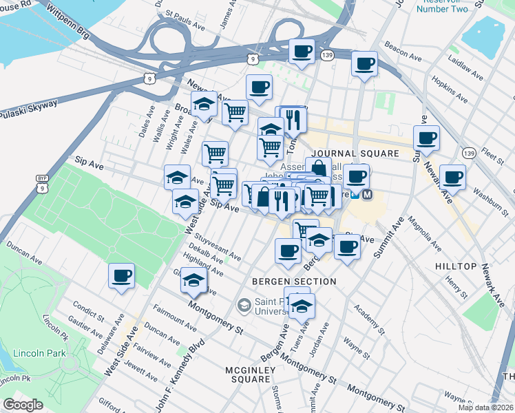 map of restaurants, bars, coffee shops, grocery stores, and more near 111 Garrison Avenue in Jersey City