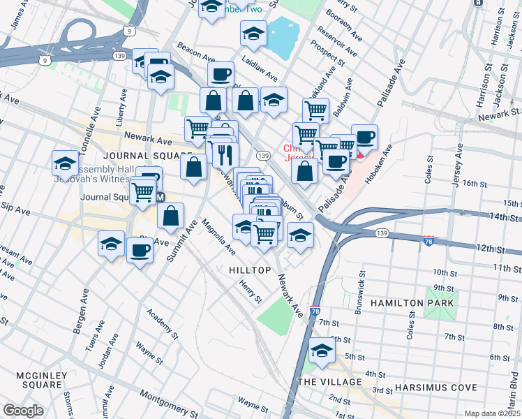 map of restaurants, bars, coffee shops, grocery stores, and more near 84 Court House Place in Jersey City