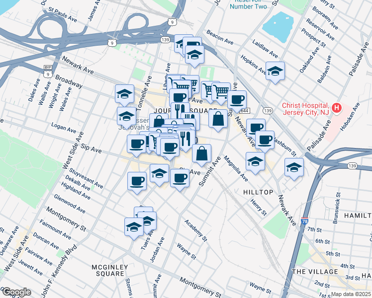 map of restaurants, bars, coffee shops, grocery stores, and more near 16 Path Plaza in Jersey City