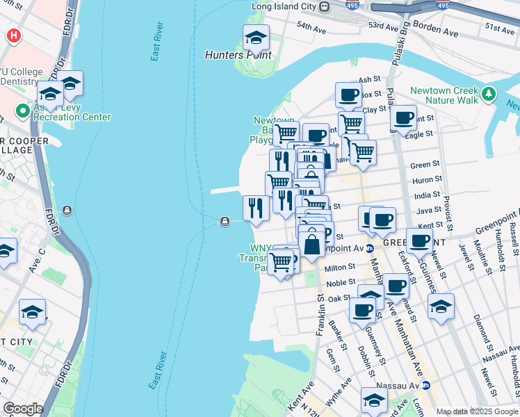 map of restaurants, bars, coffee shops, grocery stores, and more near 21 India Street in Brooklyn