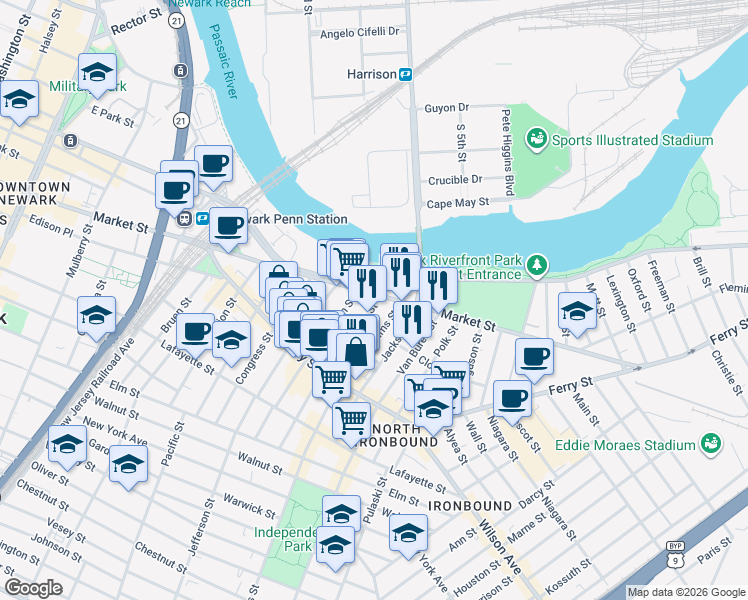 map of restaurants, bars, coffee shops, grocery stores, and more near 854 Raymond Boulevard in Newark