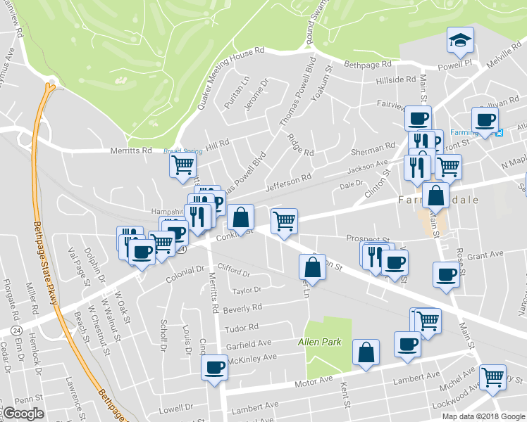 map of restaurants, bars, coffee shops, grocery stores, and more near 54 Stratford Green in Farmingdale