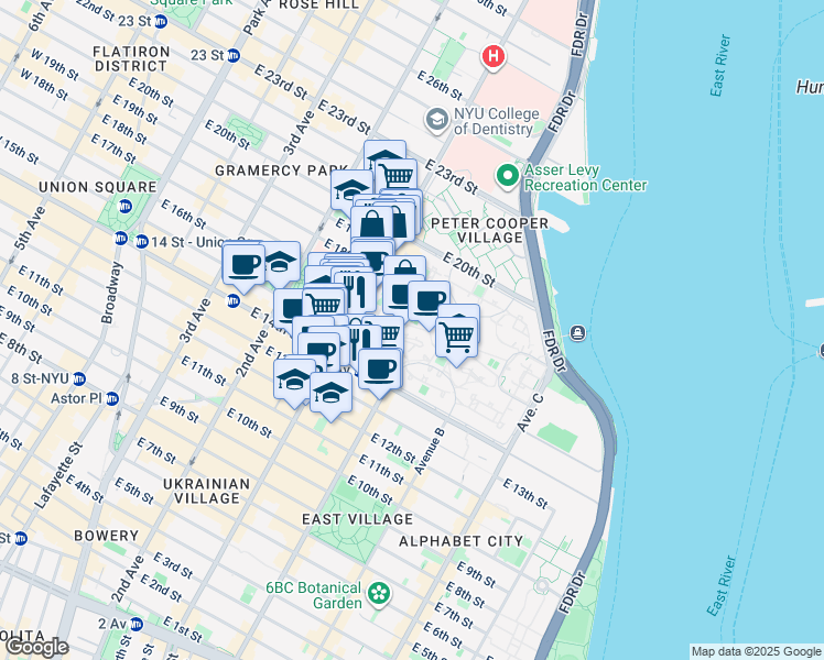 map of restaurants, bars, coffee shops, grocery stores, and more near 7 Stuyvesant Oval in New York