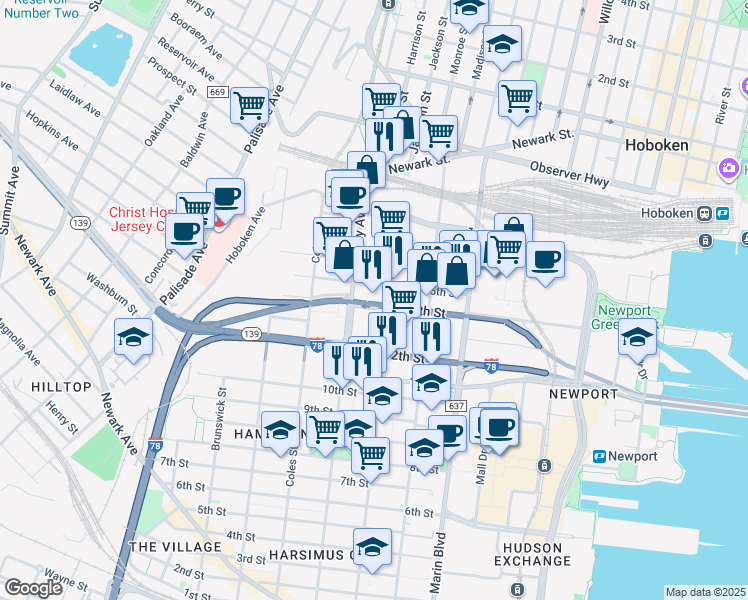 map of restaurants, bars, coffee shops, grocery stores, and more near 264 Erie Street in Jersey City