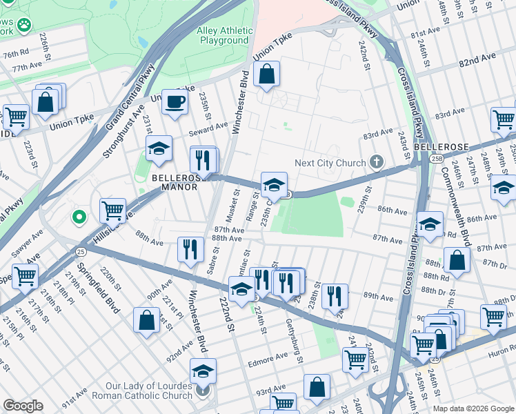 map of restaurants, bars, coffee shops, grocery stores, and more near 86-14 235th Court in Queens