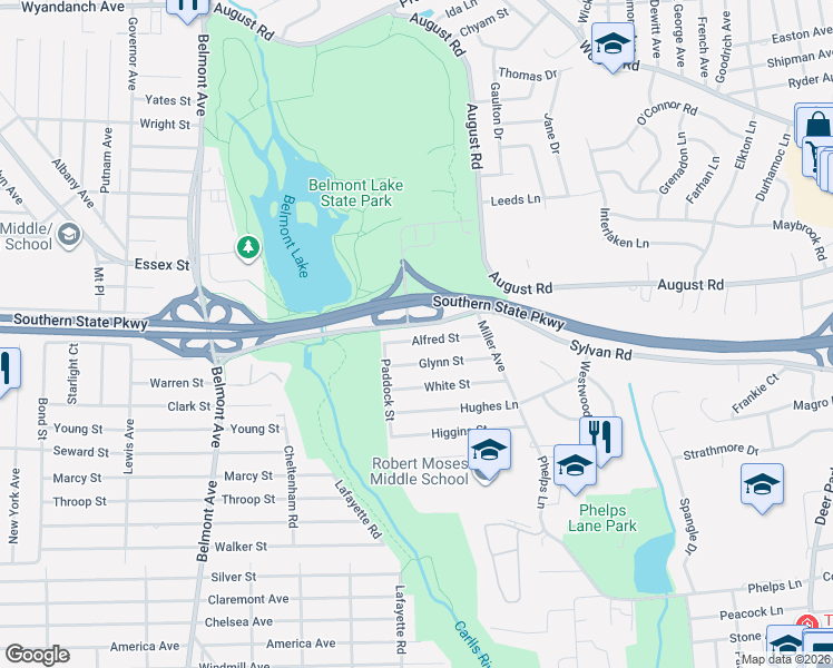 map of restaurants, bars, coffee shops, grocery stores, and more near 315 Alfred Street in North Babylon