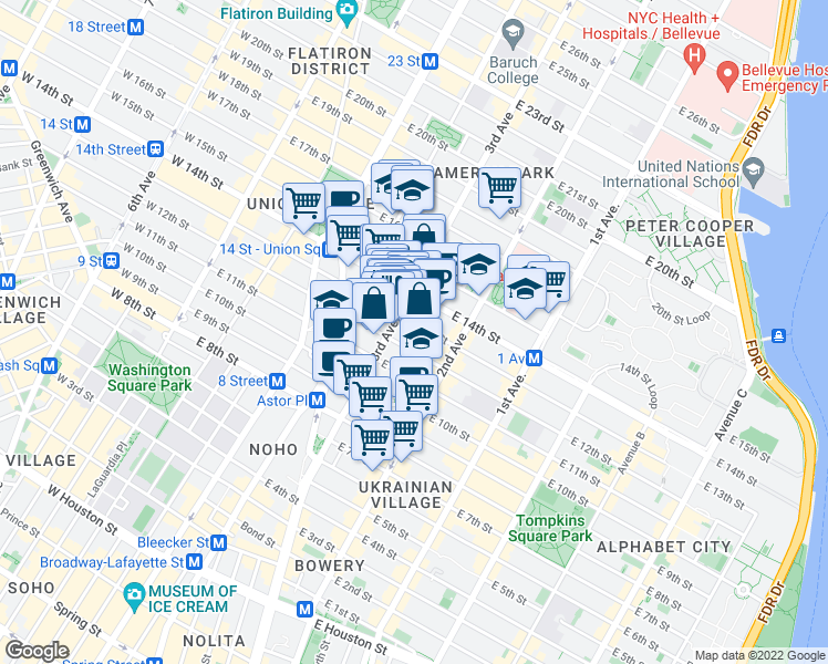 map of restaurants, bars, coffee shops, grocery stores, and more near in New York