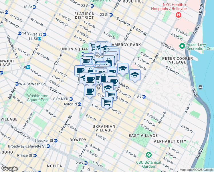 map of restaurants, bars, coffee shops, grocery stores, and more near 220 East 13th Street in New York