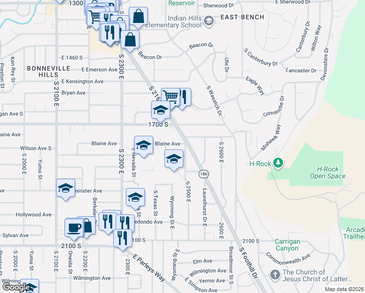 map of restaurants, bars, coffee shops, grocery stores, and more near 1749 Foothill Drive in Salt Lake City