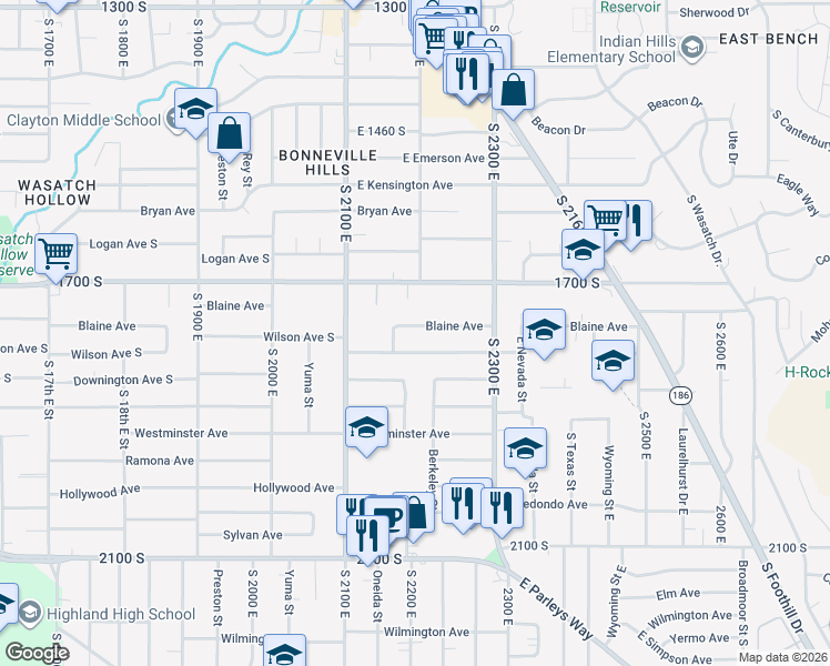 map of restaurants, bars, coffee shops, grocery stores, and more near 2185 Blaine Avenue in Salt Lake City