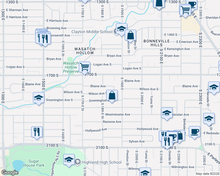 map of restaurants, bars, coffee shops, grocery stores, and more near 1821 Blaine Avenue in Salt Lake City