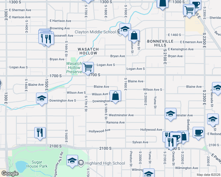 map of restaurants, bars, coffee shops, grocery stores, and more near 1821 Blaine Avenue in Salt Lake City