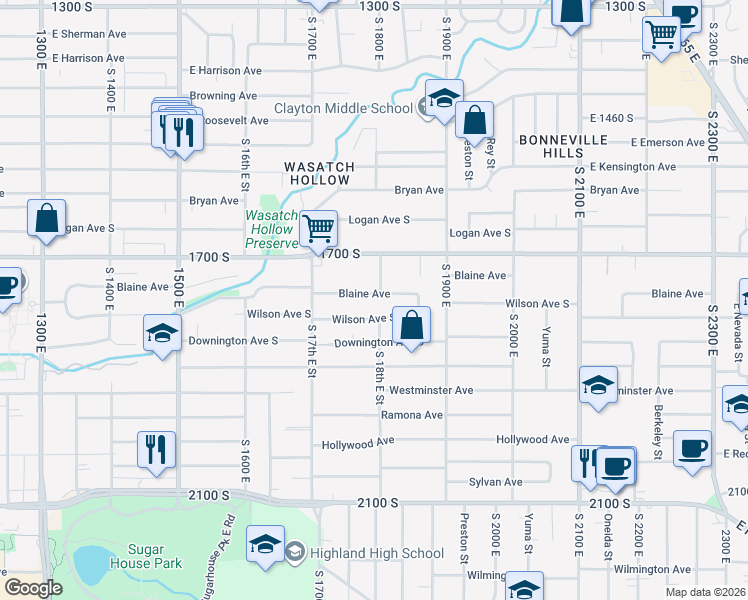 map of restaurants, bars, coffee shops, grocery stores, and more near 1773 Blaine Avenue in Salt Lake City