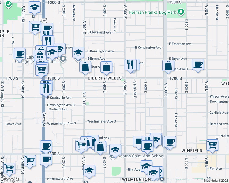 map of restaurants, bars, coffee shops, grocery stores, and more near 420 Blaine Avenue in South Salt Lake