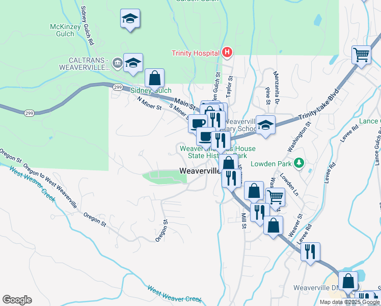 map of restaurants, bars, coffee shops, grocery stores, and more near 214-316 South Miner Street in Weaverville