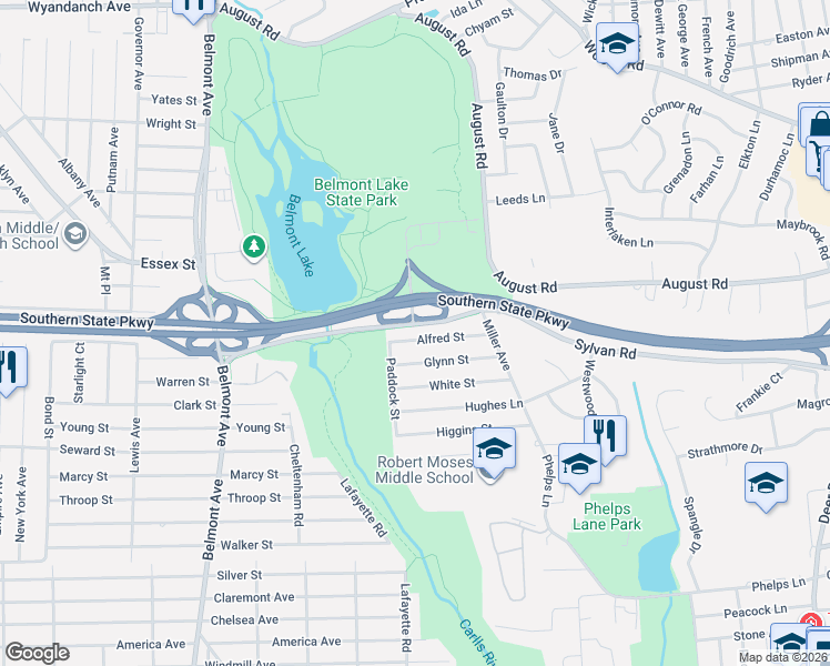 map of restaurants, bars, coffee shops, grocery stores, and more near 315 Alfred Street in North Babylon