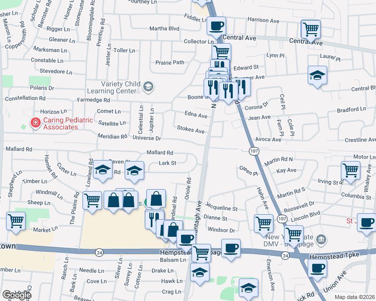 map of restaurants, bars, coffee shops, grocery stores, and more near 66 Universe Drive in Levittown