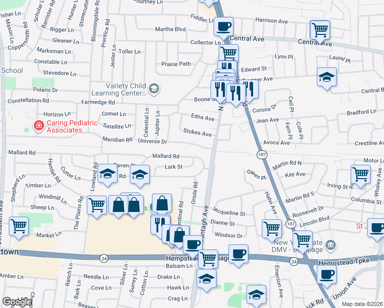 map of restaurants, bars, coffee shops, grocery stores, and more near 66 Universe Drive in Levittown