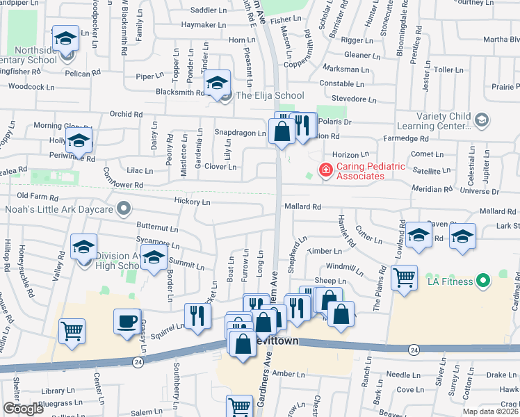 map of restaurants, bars, coffee shops, grocery stores, and more near 127 Hickory Lane in Levittown