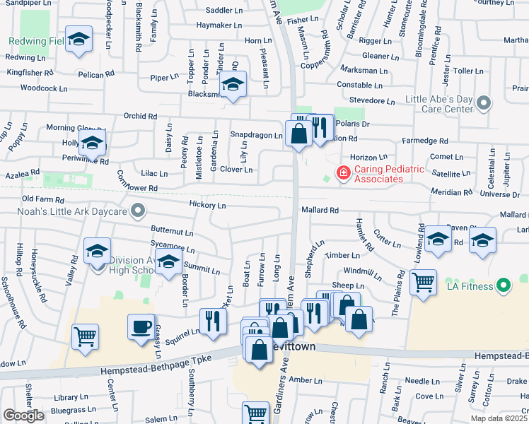 map of restaurants, bars, coffee shops, grocery stores, and more near 111 Hickory Lane in Levittown