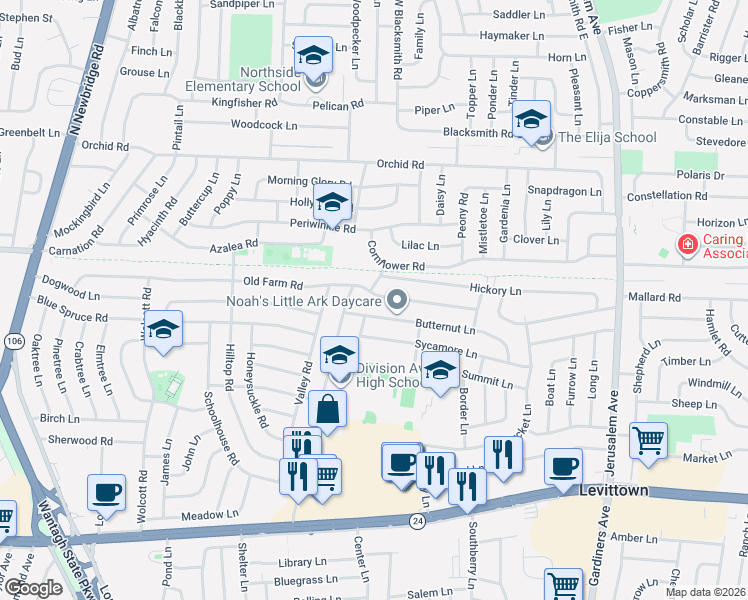 map of restaurants, bars, coffee shops, grocery stores, and more near 193 Old Farm Road in Levittown