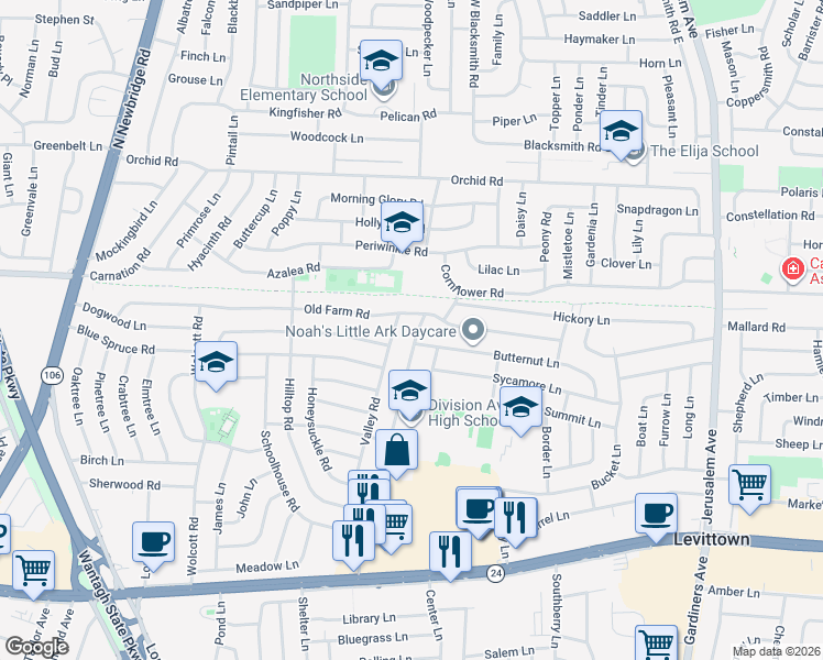 map of restaurants, bars, coffee shops, grocery stores, and more near 174 Old Farm Road in Levittown