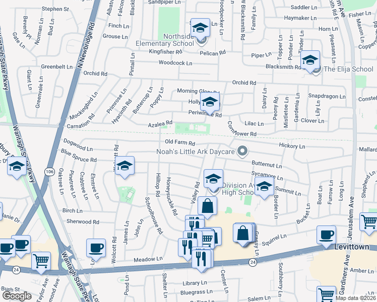 map of restaurants, bars, coffee shops, grocery stores, and more near 128 Old Farm Road in Levittown