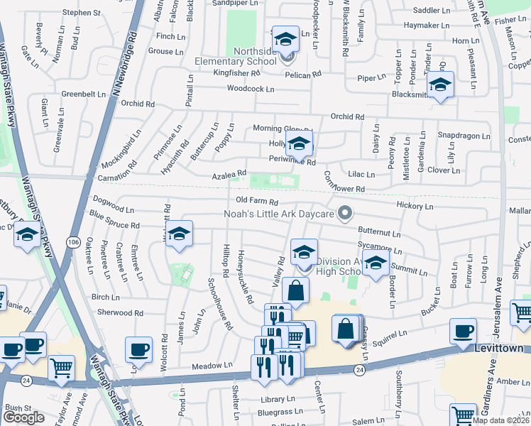 map of restaurants, bars, coffee shops, grocery stores, and more near 128 Old Farm Road in Levittown