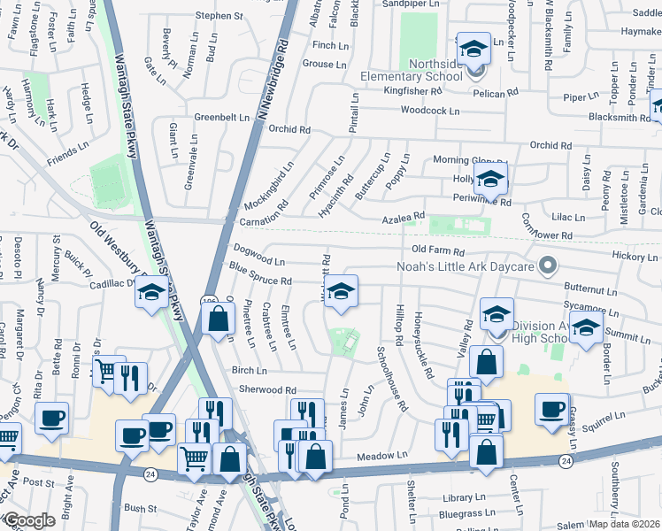 map of restaurants, bars, coffee shops, grocery stores, and more near 146 Wolcott Road in Levittown
