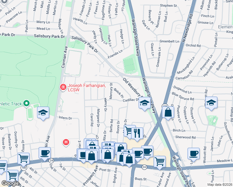 map of restaurants, bars, coffee shops, grocery stores, and more near 272 Buick Place in East Meadow